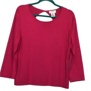 Talbots fuschia pink sweater back opening with rhinestone 3/4 sleeve M‎  …